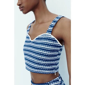 NEW Zara Women’s Medium Knit Cropped‎ Sweetheart Blue & White Striped Top NWOT